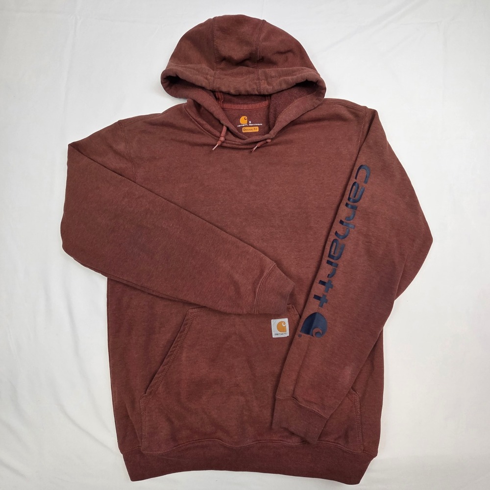 Carhartt Mens Graphic Logo Sleeve Hoodie Small Brown Original Fit Sweatshirt